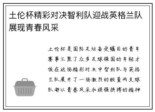 土伦杯精彩对决智利队迎战英格兰队展现青春风采