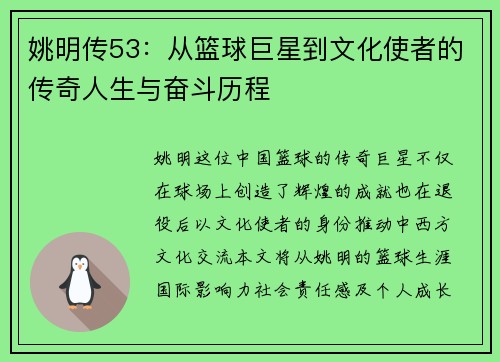姚明传53：从篮球巨星到文化使者的传奇人生与奋斗历程